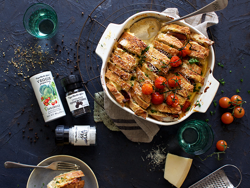 CROQUE MONSIEUR TOASTIE BAKE WITH OVEN-ROAST VINE TOMATOES